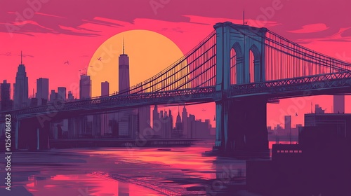 NYC Bridge Sunset Silhouette Artwork - Cityscape View