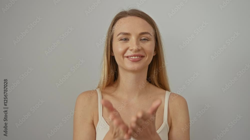 Woman blowing a kiss towards the camera, standing against a white background, smiling with blonde hair and wearing a beige top, creating a charming and inviting atmosphere. Woman blowing a kiss towards the camera, standing against a white background, smiling with blonde hair and wearing a beige top, creating a charming and inviting atmosphere.