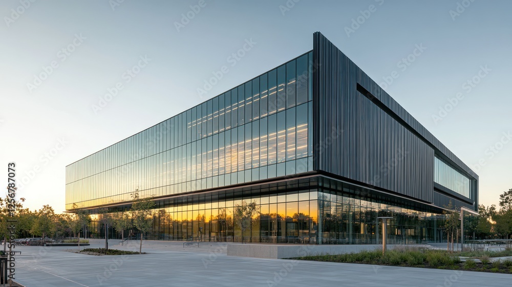 Obraz premium Modern Glass and Steel Building at Sunset