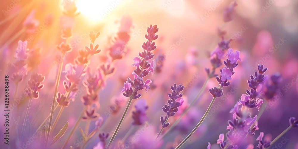 Obraz premium Lavender flowers in the rays of the setting sun. Nature background