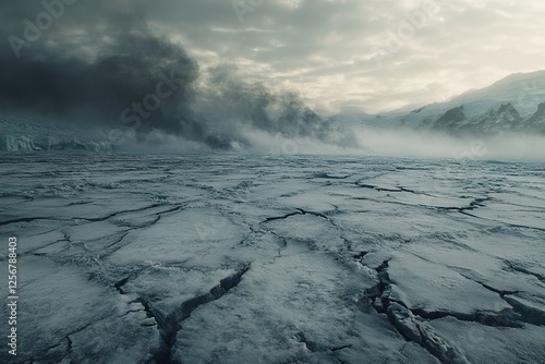 Glacial Landscape: Cracked icy terrain under a moody clouded sky in a cold environment