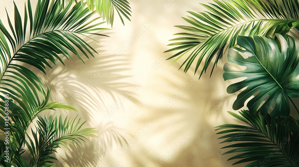 Naklejka premium Tropical leaves with soft sunlight shadows.