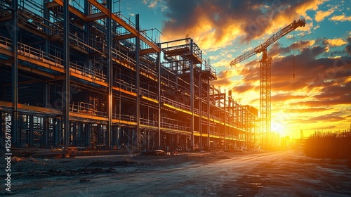 Sunset Over Construction Site with Cranes and Structures