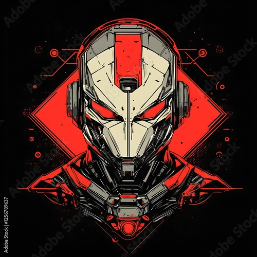 Futuristic robot head, graphic design, art piece, possible apparel design photo