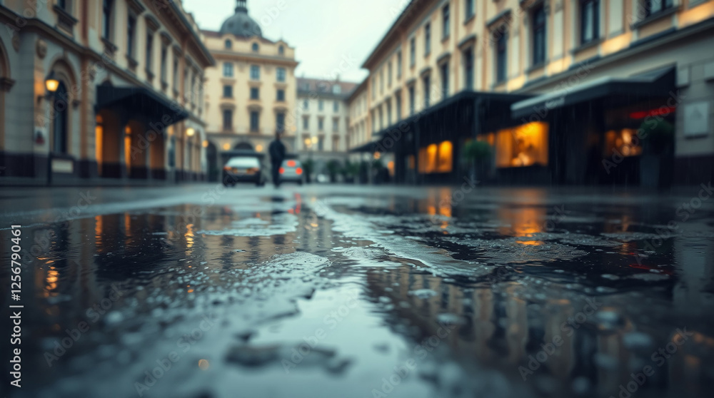 Fototapeta premium European city, after the rain, focus on the wet ground