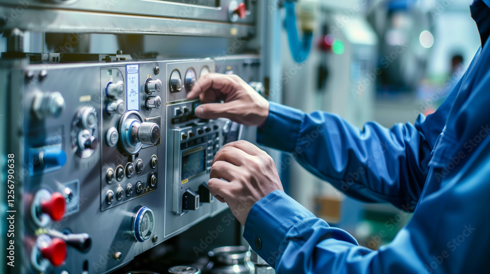 Technician Adjusting Control Panel Settings on Industrial Machinery for Optimal Performance Technician Adjusting Control Panel Settings on Industrial Machinery for Optimal Performance
