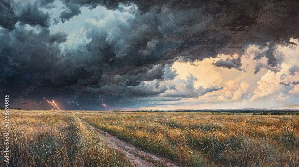 Fototapeta premium Dramatic Stormy Skies Over Open Field with Lightning Strikes