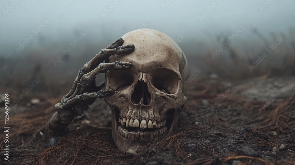 Skull resting in a misty cemetery with a skeleton hand resting on its forehead Skull resting in a misty cemetery with a skeleton hand resting on its forehead