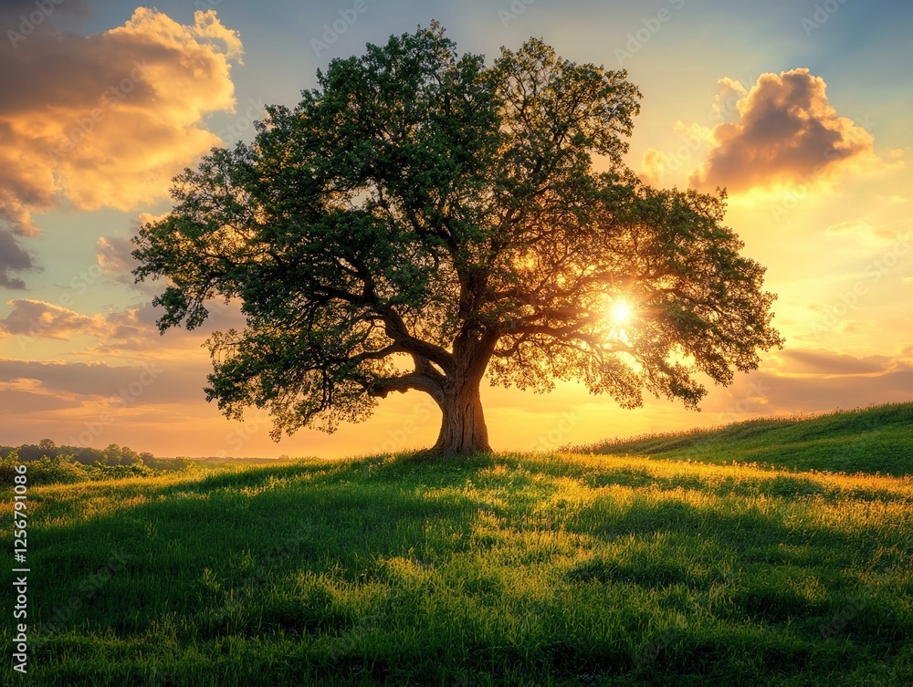 Majestic Tree Silhouetted Against a Vibrant Sunset Sky in a Lush Green Meadow, Tranquil Nature Scene at Golden Hour Majestic Tree Silhouetted Against a Vibrant Sunset Sky in a Lush Green Meadow, Tranquil Nature Scene at Golden Hour