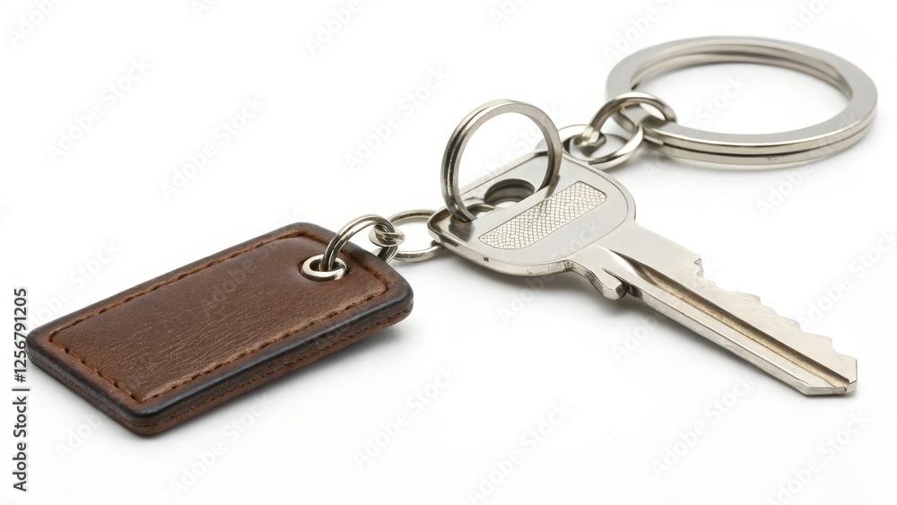 Brown Leather Keychain with Keys on White Background Brown Leather Keychain with Keys on White Background