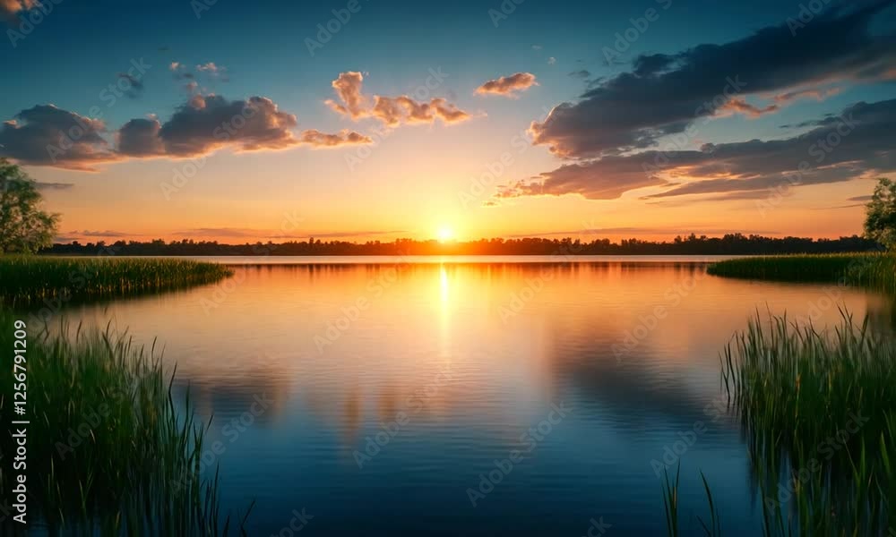 Serene sunset over a tranquil lake, with lush greenery reflecting in the calm water Serene sunset over a tranquil lake, with lush greenery reflecting in the calm water