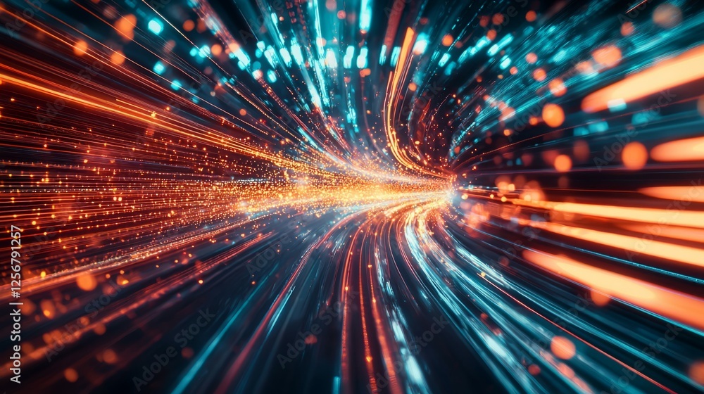 Dynamic Light Stream with Blue and Orange Particles and Flare Effect Dynamic Light Stream with Blue and Orange Particles and Flare Effect