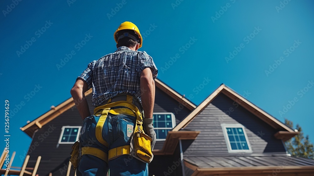 Fototapeta premium Construction Worker Observing New Home Build