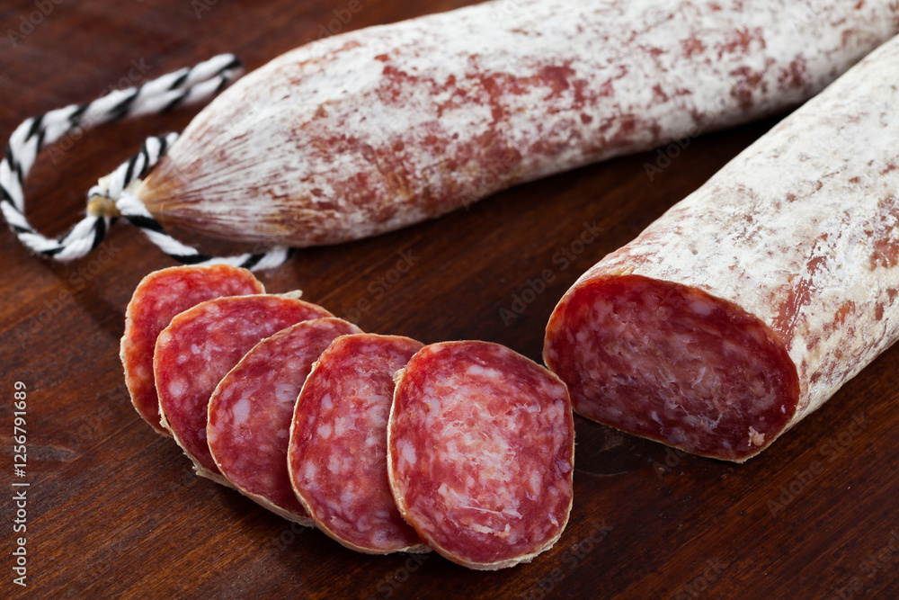 Spanish jerked pork sausage Longaniza on cutting board Spanish jerked pork sausage Longaniza on cutting board