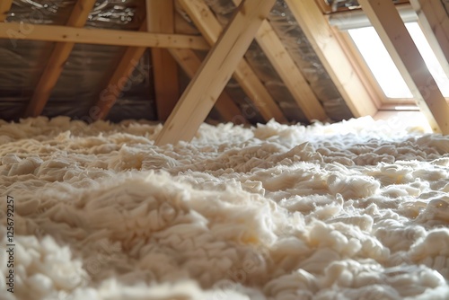 Interior of the attic of a wooden house under construction with foam polyurea photo