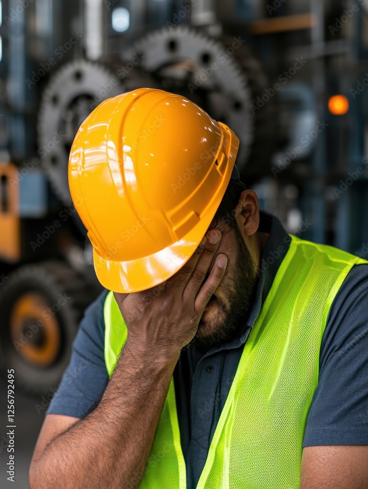 stressed construction worker wearing hard hat A construction worker in a hard hat looks stressed and exhausted at a job site. stressed construction worker wearing hard hat A construction worker in a hard hat looks stressed and exhausted at a job site.