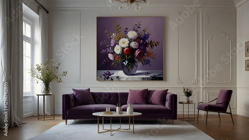 In a gorgeous, pricey apartment, a square purple painting with motifs of flowers in a vase hangs on a white wall. There is plenty of open space on the sides. White walls covered in snow A lavish, pric