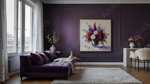 In a gorgeous, pricey apartment, a square purple painting with motifs of flowers in a vase hangs on a white wall. There is plenty of open space on the sides. White walls covered in snow A lavish, pric