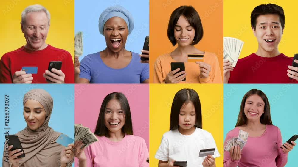 A diverse group of individuals share their excitement while using ...