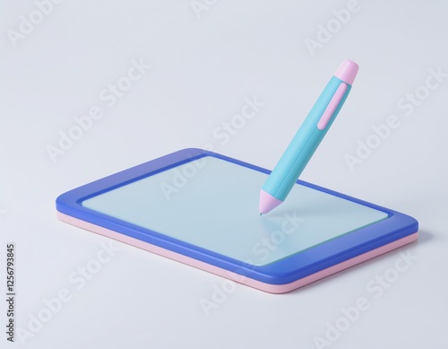 3D pastel blue stylus hovers above a blank pastel blue and pink tablet