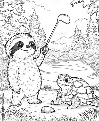 the cute sloth and his friend turtle are playing golf in Montenegro It is for a coloring book so it has to be only black and white more white than any other co