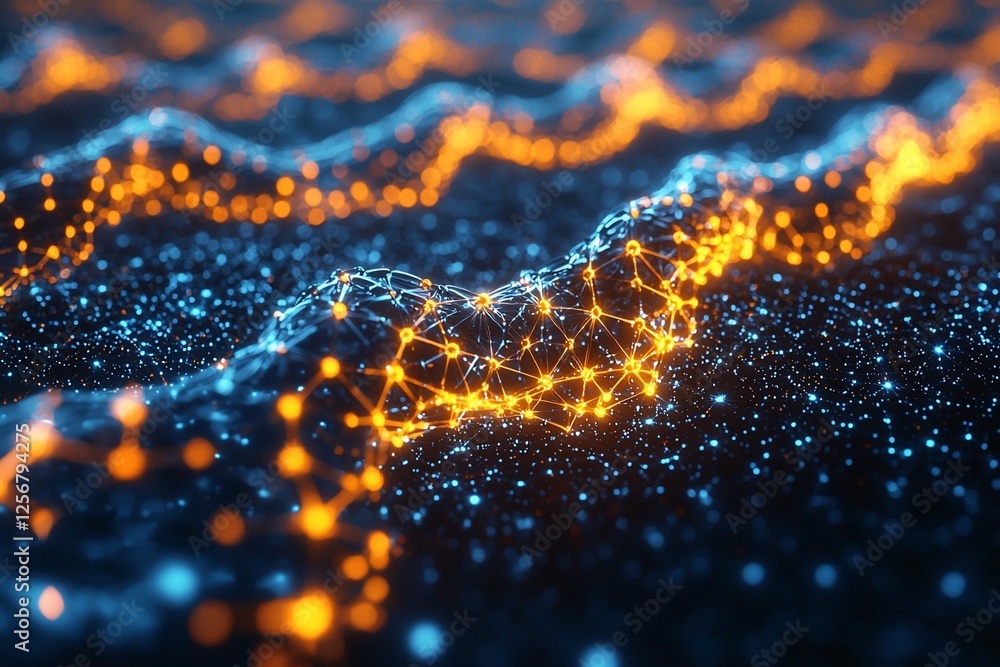 Fototapeta premium Abstract representation of interconnected nodes and flowing waves in a digital landscape
