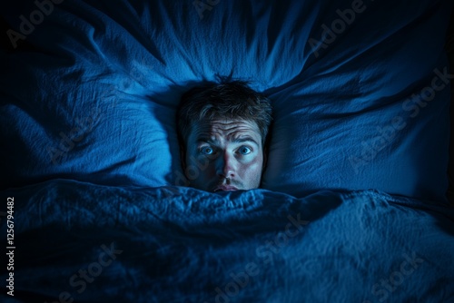 Scared child lying in bed under blue moonlight with eyes wide open in fear