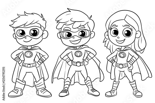 Generate an colouring page with a group of 4 superheros for kids in the age range of 3 to 8 years The Colouring pages are meant for the World Pharmacy Month wh