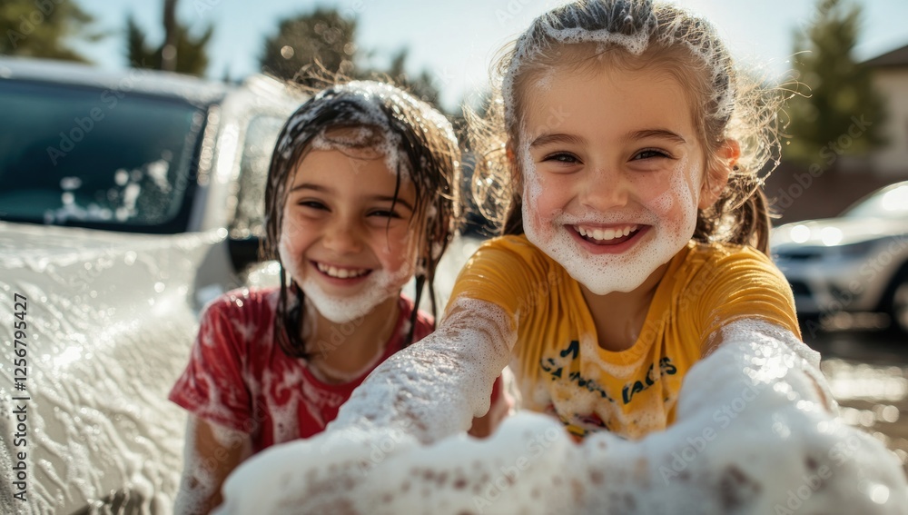 Obraz premium Joyful Bubbles: Two Girls' Car Wash Adventure