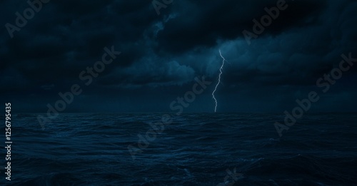 Dramatic Thunderstorm Over Dark Ocean Waves Illuminated by Striking Lightning Bolt at Nightfall photo