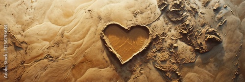 Natural heart-shaped depression in golden beach sand filled with clear water during sunset. Aerial panoramic view of romantic symbol with textured sandy surroundings and warm lighting. photo