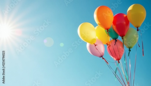  Colorful Balloons with Joyful Mood Floating against Blue Sky