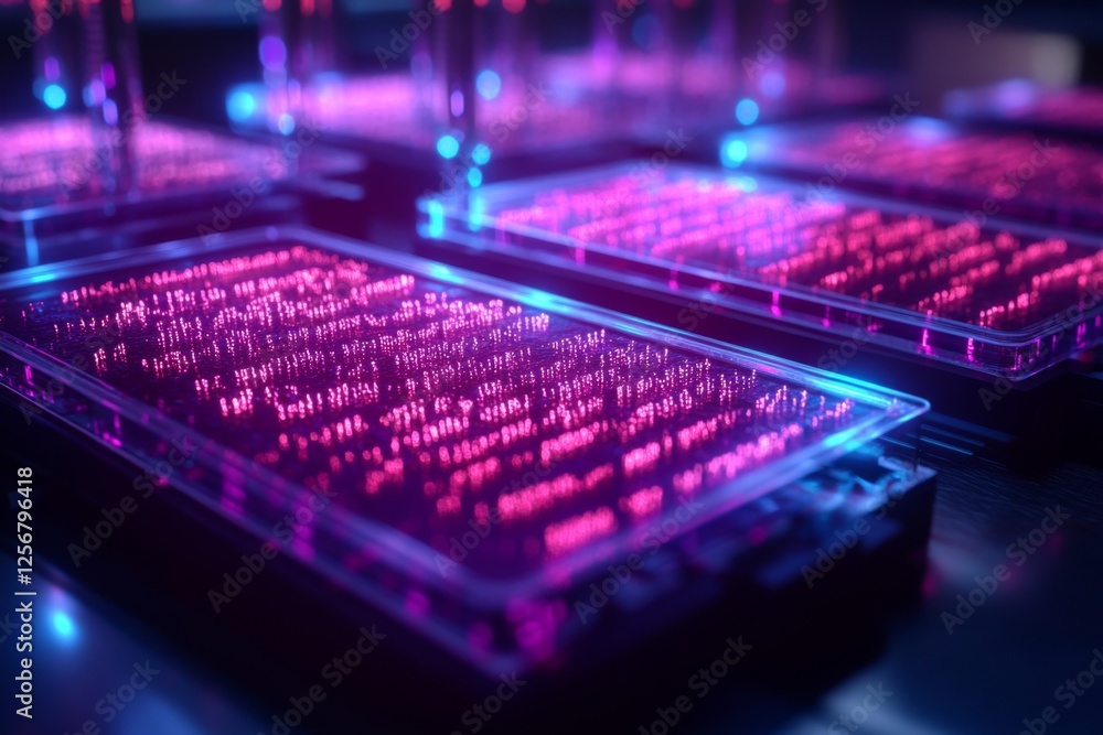 High-tech indoor vertical farm with purple LED grow lights High-tech indoor vertical farm with purple LED grow lights