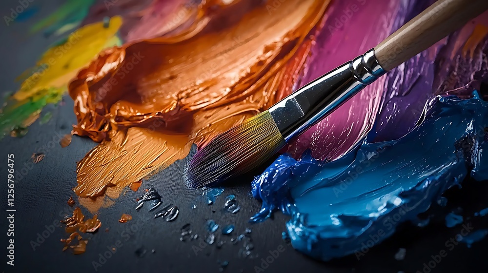 Fototapeta premium Vibrant paint strokes with a brush on a dark surface, showcasing artistic creativity and color blending