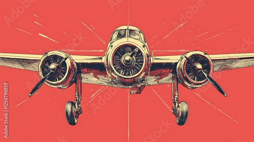 Vintage Airplane in Flight Against Red Background photo