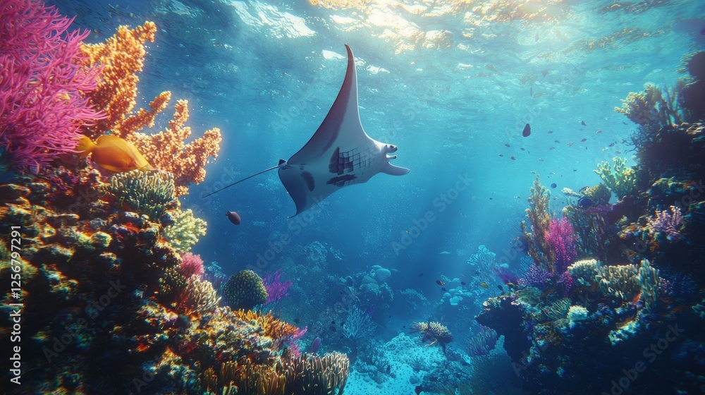 Fototapeta premium Majestic Manta Ray Swimming Through Vibrant Coral Reef Underwater