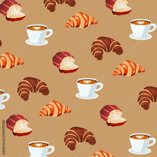 Seamless pattern background french Croissant, doodles pastry, sweet bakery seamless pattern with baked goods. Confectionery baking background design for wrapping paper, package print, cafeteria