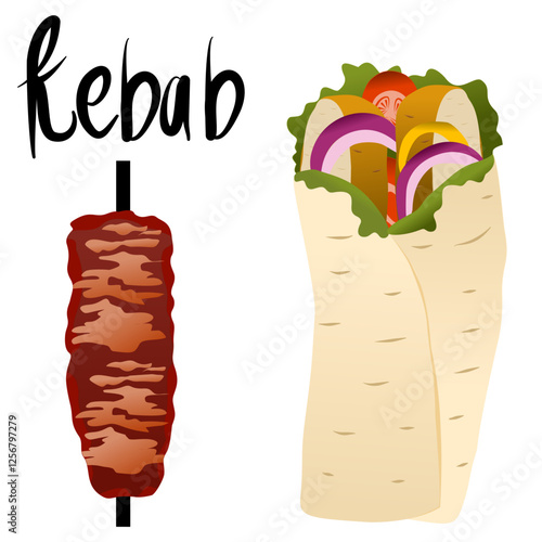 Doner kebab. Shawarma consisting of meat cut into thin slices. Vector illustration. Doner kebab or gyro wrap sandwich, fast food vector