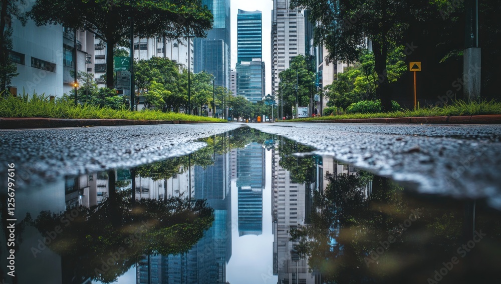 Fototapeta premium Urban Reflection: Skyscrapers Mirrored in a Puddle After Rain