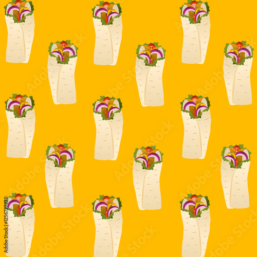 Background pattern kebab. Seamless pattern of Doner Kebab. Concept of shawarma, street food, barbecue, cuisine. Fresh vegetables. Packaging background. Vector hand drawn Illustration