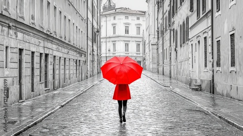 Woman Walking Alone on Cobblestone Street with Bright Red Umbrella in Rainy Urban Environment