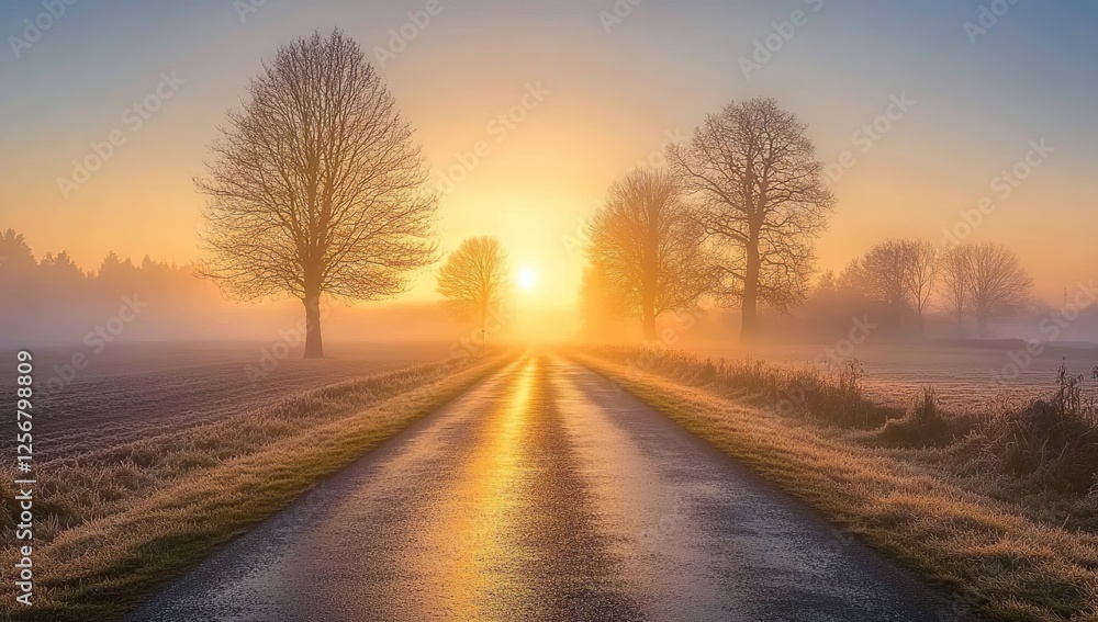 Sunrise illuminates foggy road, trees, and fields, creating a serene winter landscape. Golden hour light enhances the tranquil scene. Sunrise illuminates foggy road, trees, and fields, creating a serene winter landscape. Golden hour light enhances the tranquil scene.