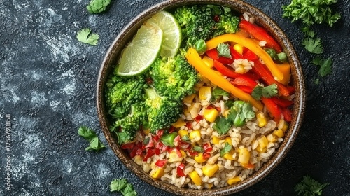 Colorful vegetable and brown rice bowl on dark background photo