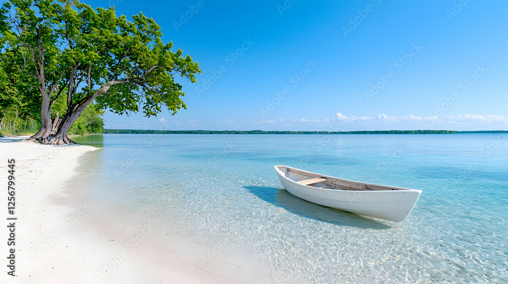 Serene beach, white boat, clear water, tropical tree, vacation Serene beach, white boat, clear water, tropical tree, vacation