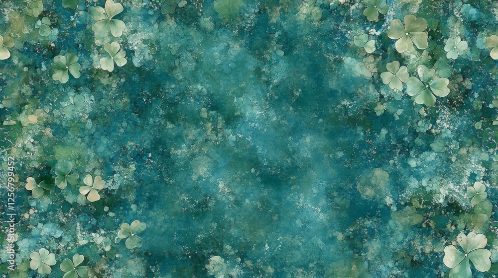 Fototapeta premium Teal Abstract Background With Scattered Clover Flowers
