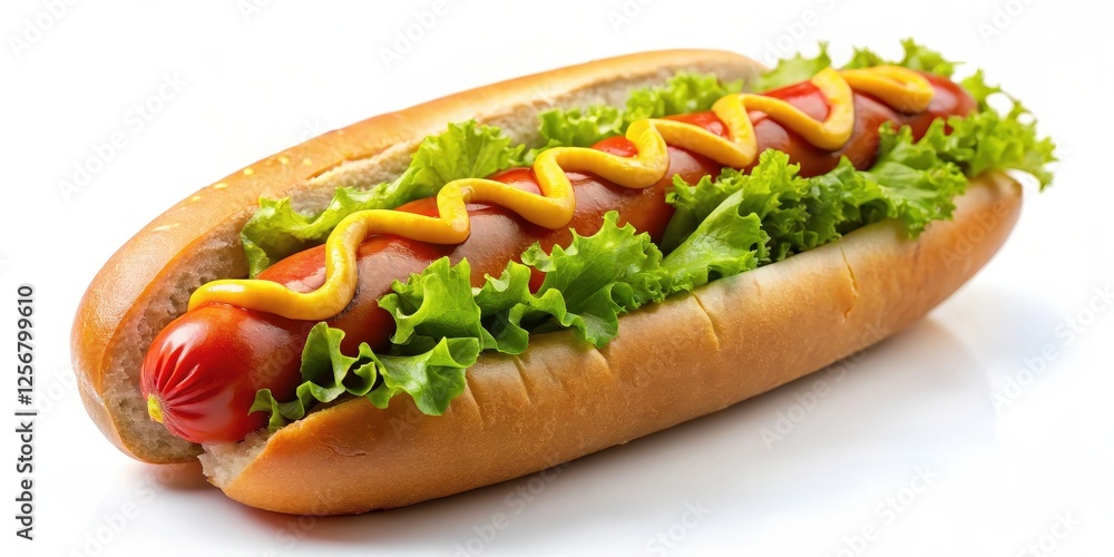 Hot Dog with Mustard and Lettuce on White Background Hot Dog with Mustard and Lettuce on White Background