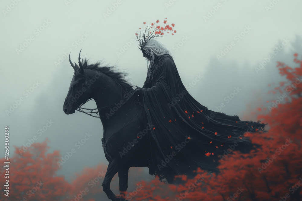 A man is riding a horse with a black cloak and a skull on his head A man is riding a horse with a black cloak and a skull on his head