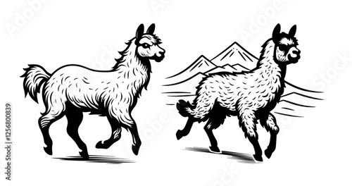 Two stylized llamas or alpaca with mountain scenery.