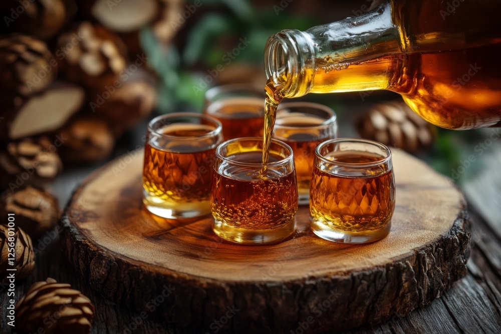 Glasses of whiskey on a rustic wooden table with warm lighting Glasses of whiskey on a rustic wooden table with warm lighting