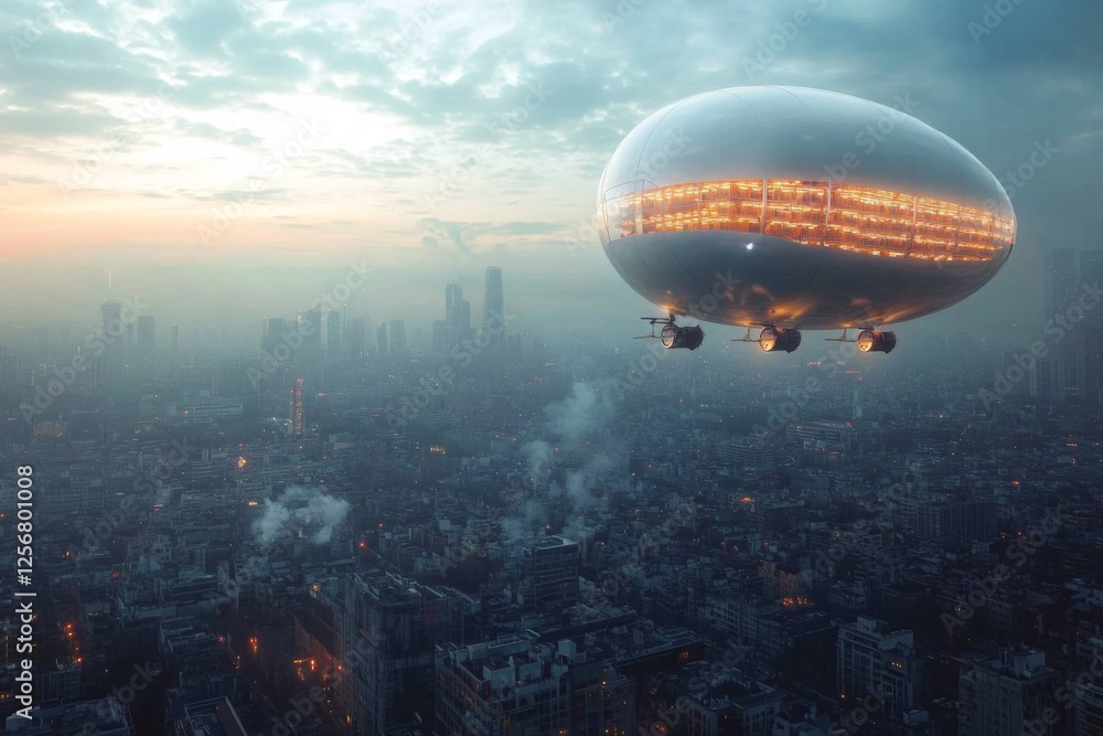 Futuristic flying vehicle hovering over a misty metropolis Futuristic flying vehicle hovering over a misty metropolis
